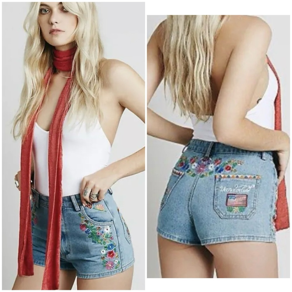 EUC Spell & The Gypsy Light Blue Wanderlust Embroidered Denim Shorts w/ Raw Hem